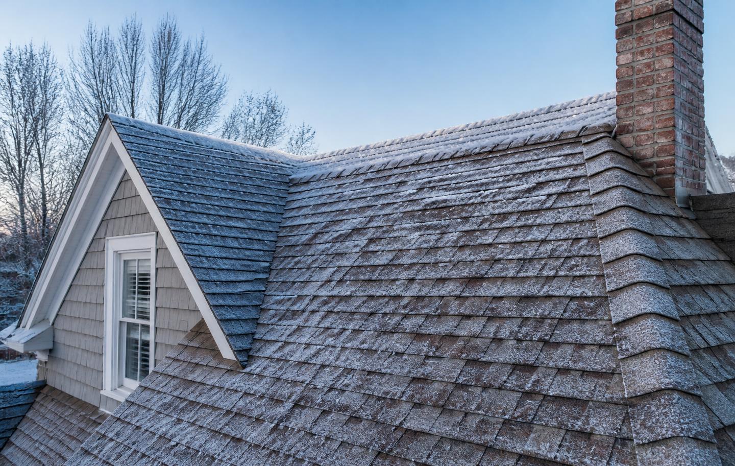 Frost on the aging asphalt shingles of a New England home at sunrise